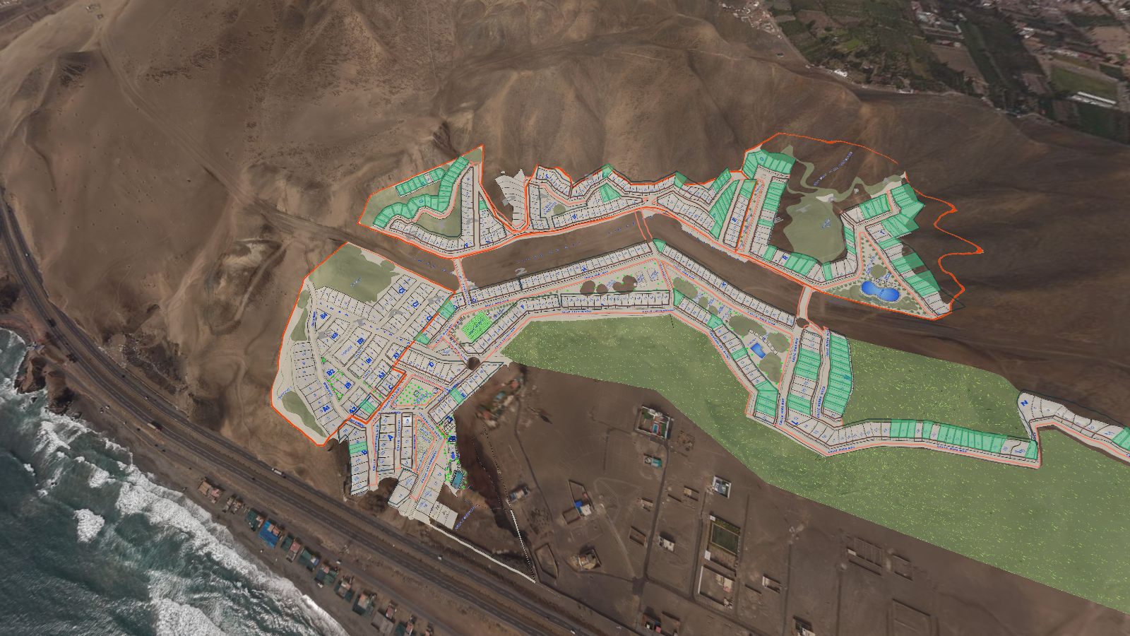 Vista aérea del condominio frente al mar, con las manzanas, las vías y los lotes disponibles marcados en verde